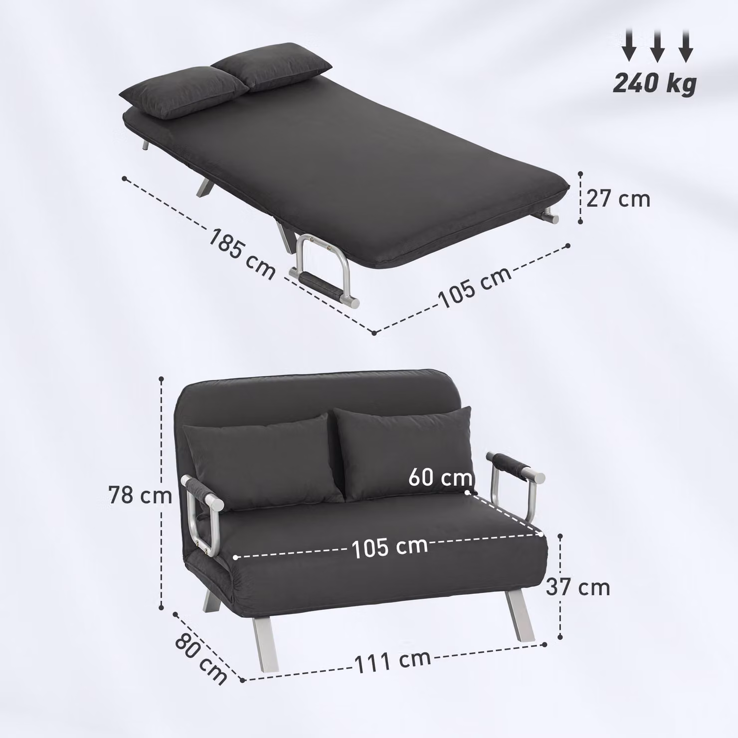 HOMCOM Two-Seater Click-Clack Sofa Bed in Grey Microfibre Fabric with Metal Frame – 3
