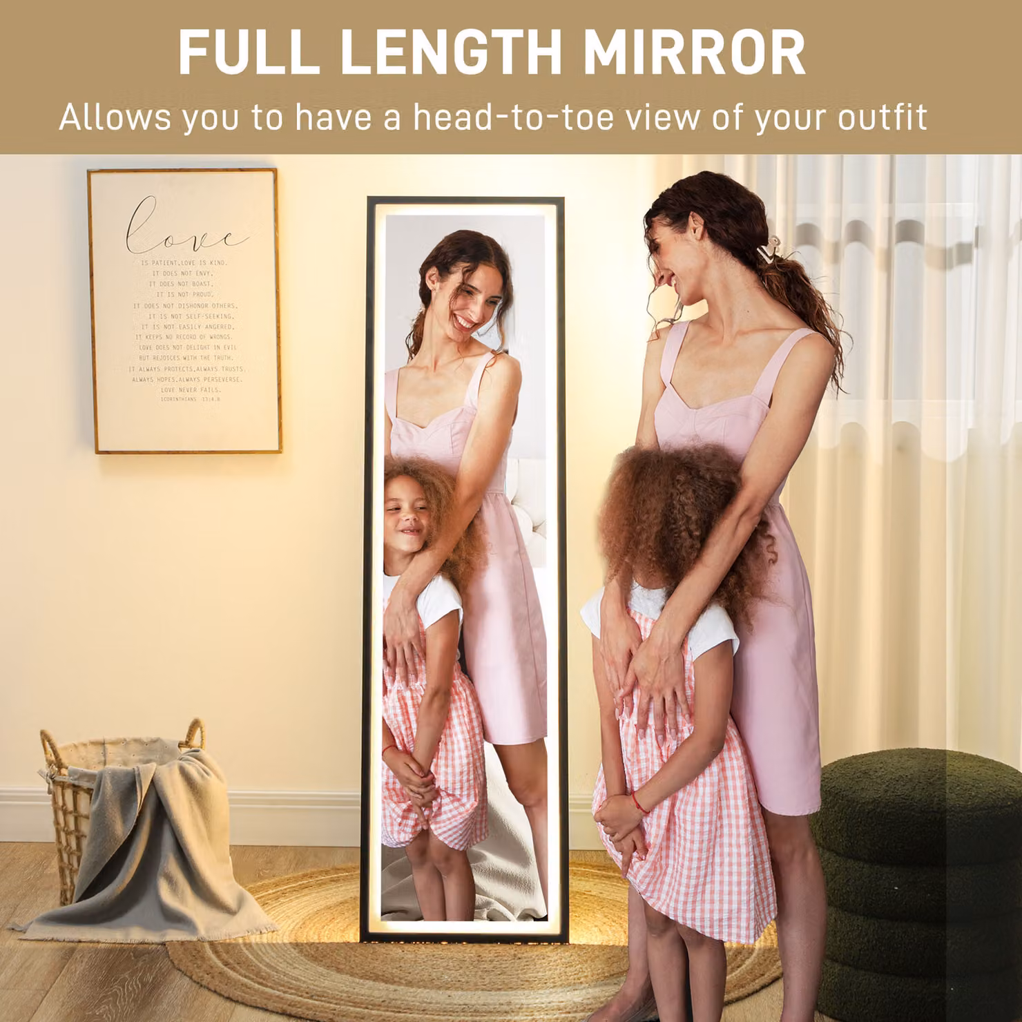 HOMCOM Full Length Free Standing Mirror with Dimmable LED Lights, Black, H 150 x W 40 cm – 4