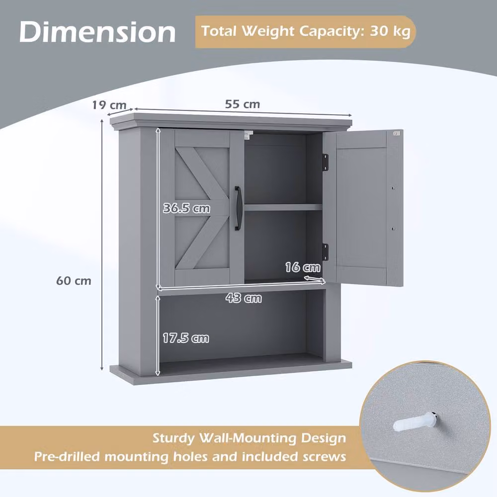 Costway Grey Wall Mounted Medicine Cabinet with Hinged Doors and Internal Shelves – 2