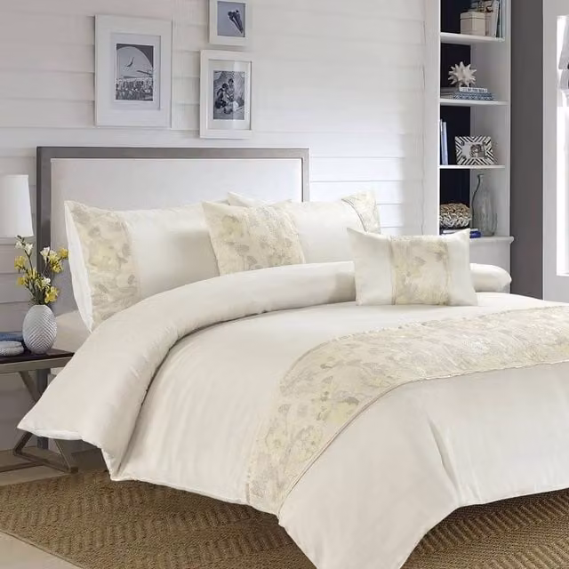 Homes-Linen Savanna Premium Embroidered Duvet Cover and Pillowcase Set, Beige Polyester Bedding, W/D/H: 90 x 200 cm
