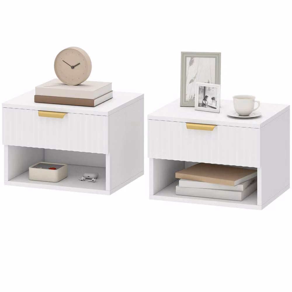 STILVORA Set of 2 Modern Wall-Mounted Bedside Tables with Soft-Close Drawers in White and Gold – 2