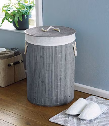 COUNTRY CLUB Round Bamboo Laundry Hamper Basket with Lid, Grey, W/D/H: 50 x 35 x 35 cm