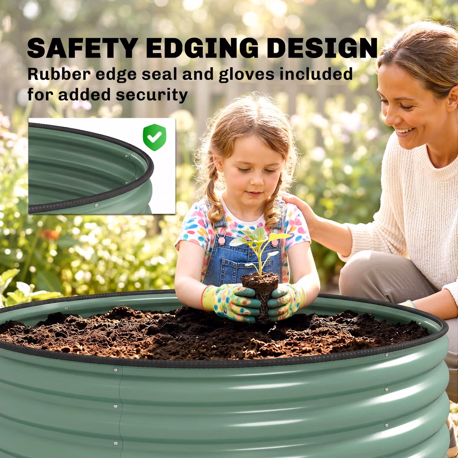 Outsunny Galvanised Steel Raised Garden Bed with Safety Edging in Light Green, W/D/H: 120 x 120 x 43 cm – 6