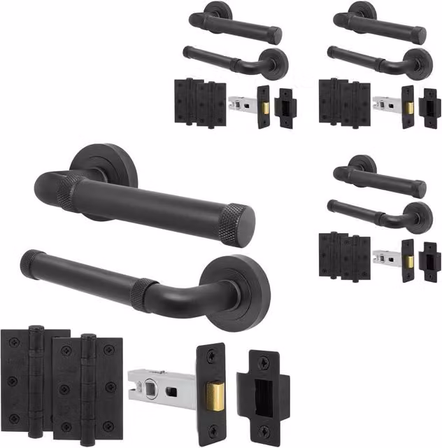 AFIT Matt Black Aluminium Door Handle Latch and Hinge Set, 4 Pack, W/D/H: 15 x 15 x 1.5 cm
