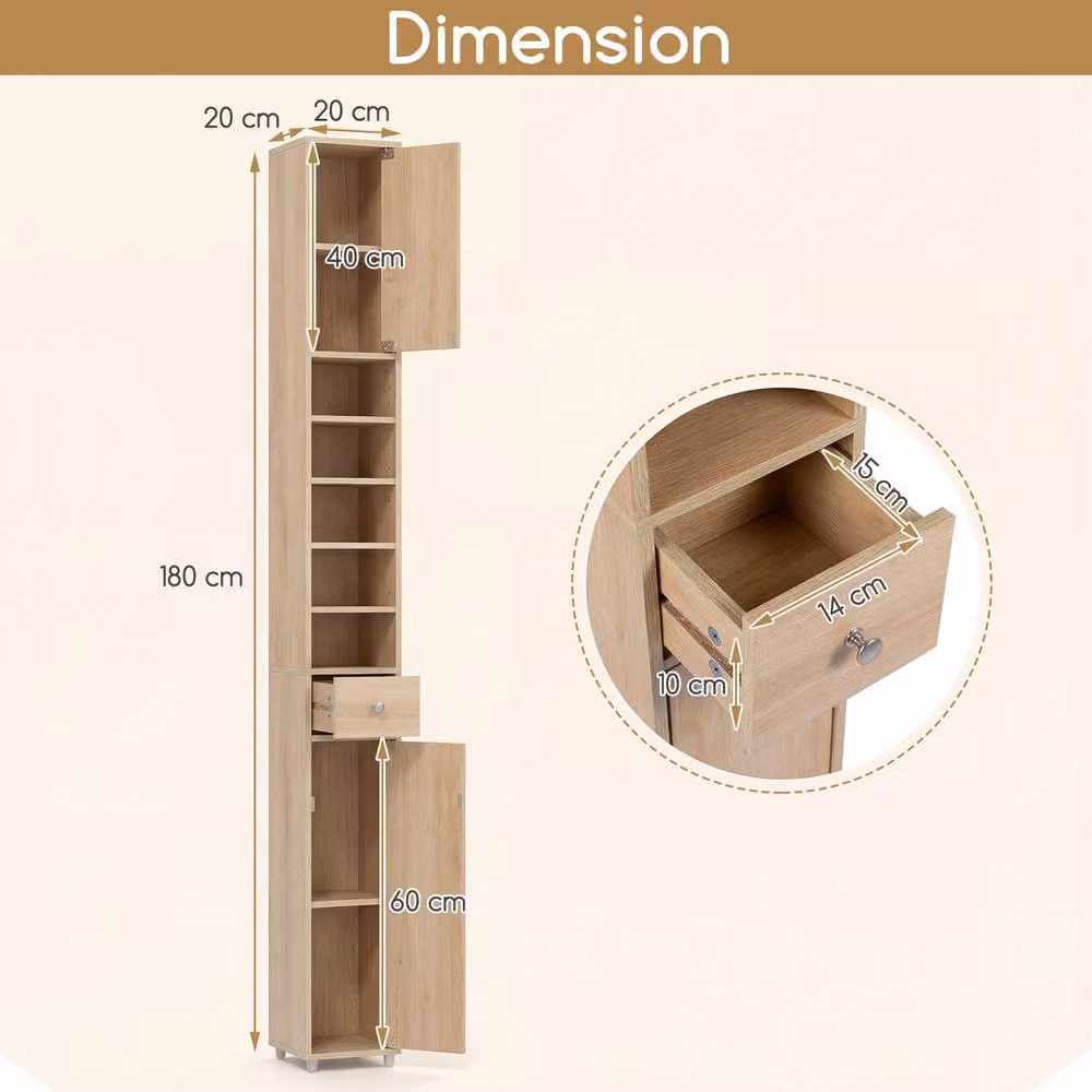 Costway Slim Freestanding Bathroom Storage Cabinet with Drawer and Internal Shelves in Natural Wood Finish, Height: 180 cm – 2