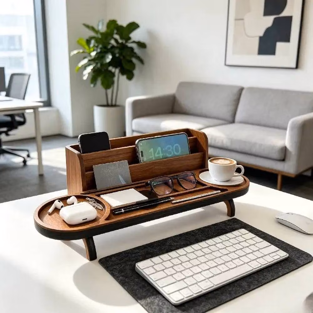 PAWNORA Multi-Compartment Solid Wood Desk Organiser Tray in Brown – 2