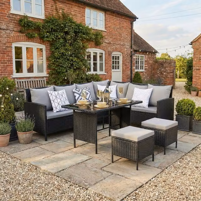 Home Garden Direct Bideford 8 Seat Rattan Corner Dining Sofa Set in Black with Grey Cushions and Tempered Glass Table