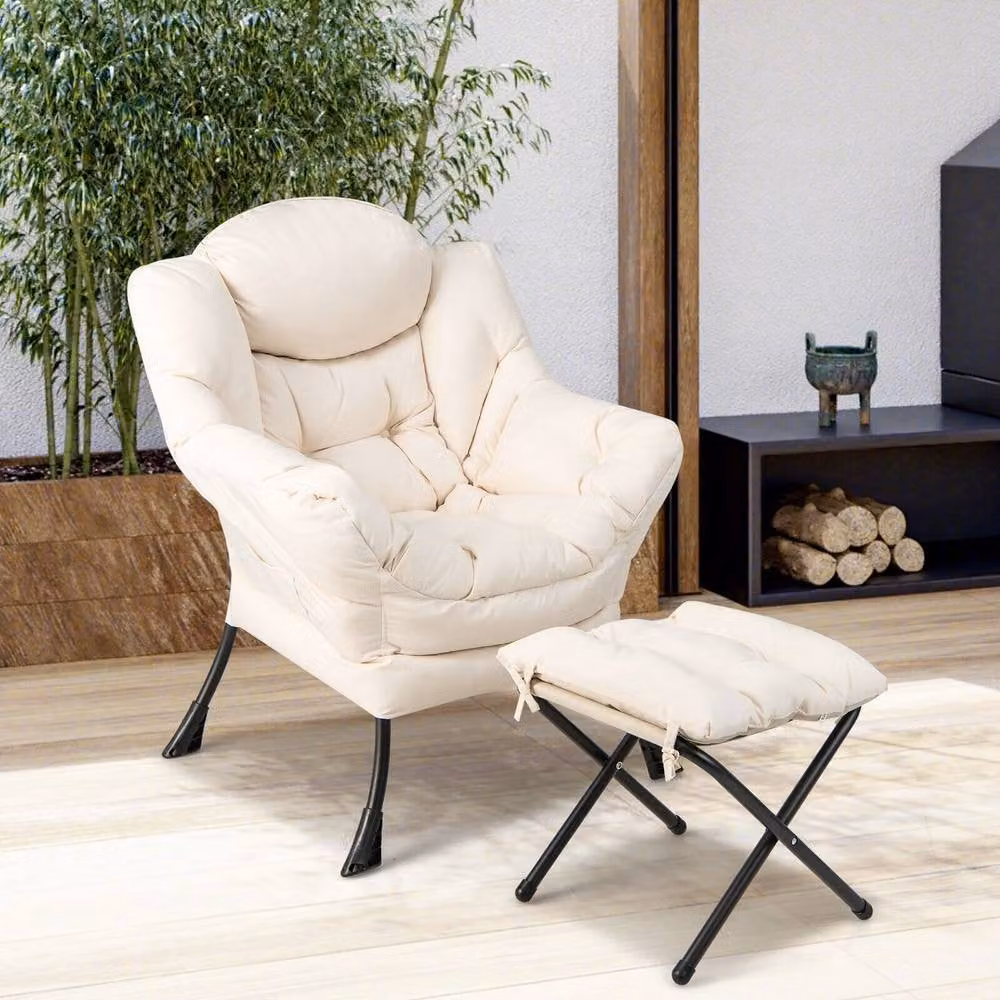 Costway Modern Leisure Lounge Chair with Ottoman and Pillow in Beige – 3