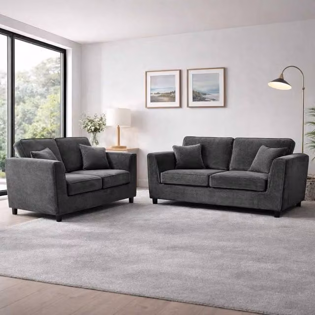 Furnishings For Less UK Ascot 3 + 2 Seater Sofa Set in Charcoal Chenille Fabric
