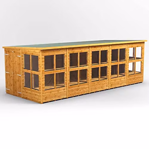 POWER Premium Pent Wooden Greenhouse Shed in Brown with Double Doors and Tempered Glass Windows