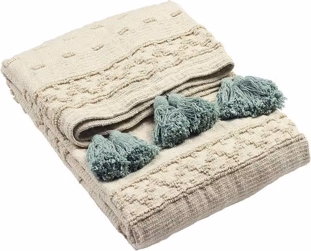 Furn Boho Geometric Woven Cotton Tufted Throw with Fringes in Green and Beige