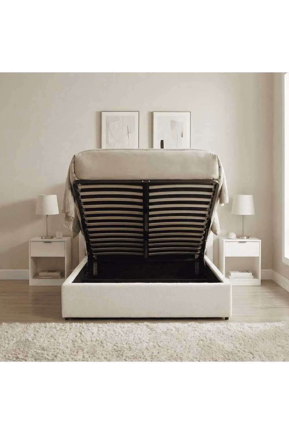 Home Source Ottoman Storage Bed in White Upholstered Boucle Fabric, W/D/H: 180 x 200 cm – 2