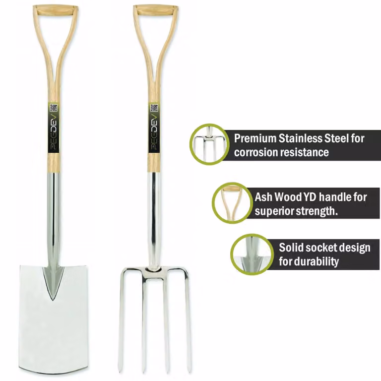 Pegdev Premium Stainless Steel Garden Spade and Fork Set with Ash Wood Handles in Silver and Brown