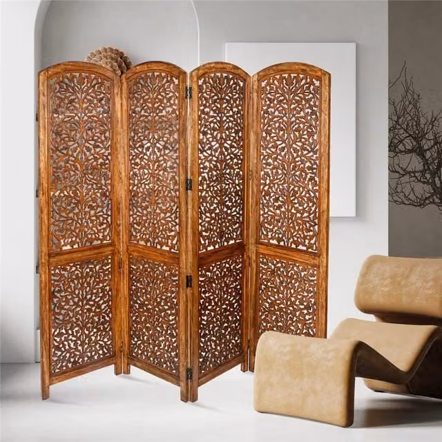 Topfurnishing Kashmiri 4 Panel Carved Wooden Room Divider Screen with Floral Design in Light Brown and White
