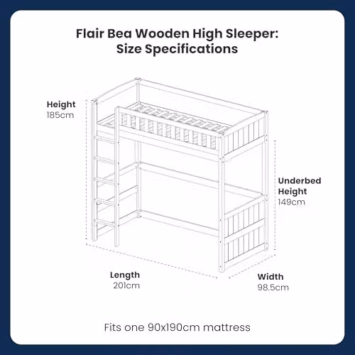 Flair Furnishings Flair Bea Single Solid Wood High Sleeper Bed in Oak, W/D/H: 90 x 190 x 185 cm – 2