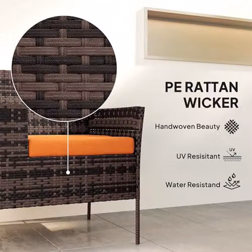 Outsunny Rattan Garden Set with 2 Seater Outdoor Sofa, Coffee Table and Cushions in Brown and Orange – 5