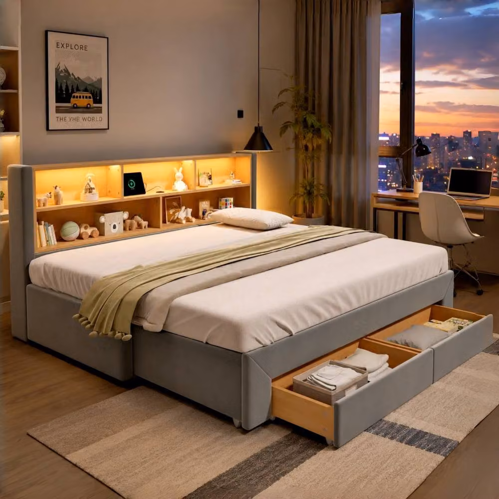 Rolipo Grey Velvet Upholstered Double Bed with Drawers, USB Charging Port and Under-bed Lighting, W/D/H: 140 x 200 x 180 cm – 2
