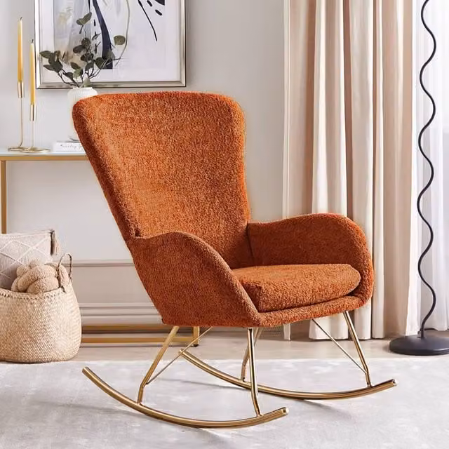 Wyld and Coco Orange Bouclé Rocking Chair with Gold-Tone Metal Legs – 1