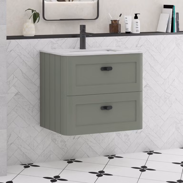 Royal Bathrooms Henley 600mm Sage Green Wall Hung Vanity Unit with 2 Drawers, Carrara White Stone Top and Matt Black Knob