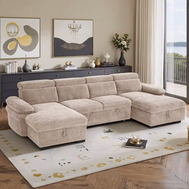 Furnishings For Less UK Blake U-Shaped 5 Seater Fabric Corner Sofa Bed in Beige