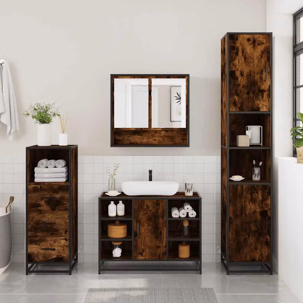 Berkfield Home 3 Piece Industrial Bathroom Furniture Set in Smoked Oak Brown – 3