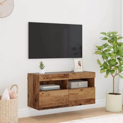 vidaXL Modern Wall-Mounted TV Cabinet in Brown with Integrated Lighting and Internal Shelves, W/D/H: 80 x 40 x 40 cm – 2