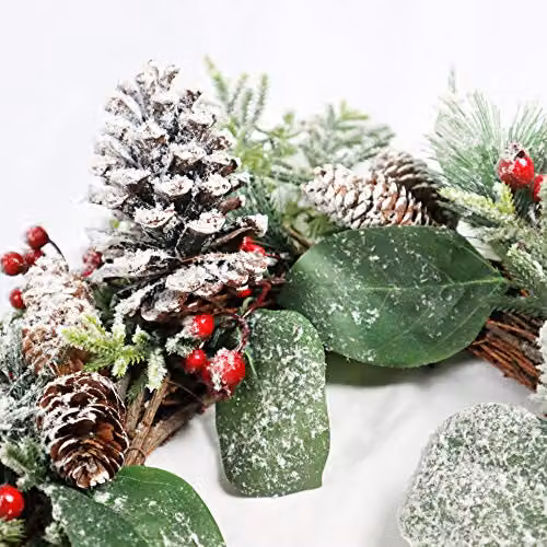 Shatchi Frosty Green Christmas Wreath with Mixed Leaves and Flowers, Diameter: 60 cm – 3