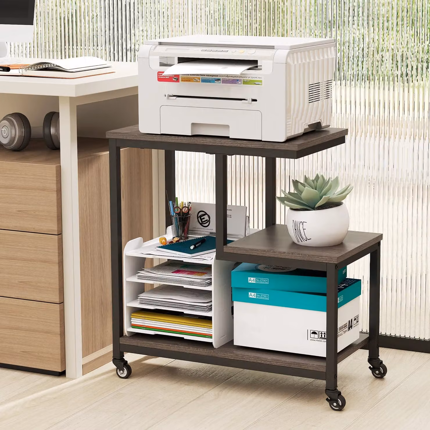 Gymax G-shaped 3-Tier Mobile Side Table with Open Shelves and Castors, Grey – 7