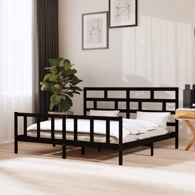 Berkfield Home Black Solid Wood Pine Bed Frame W/D/H: 200 x 200 cm