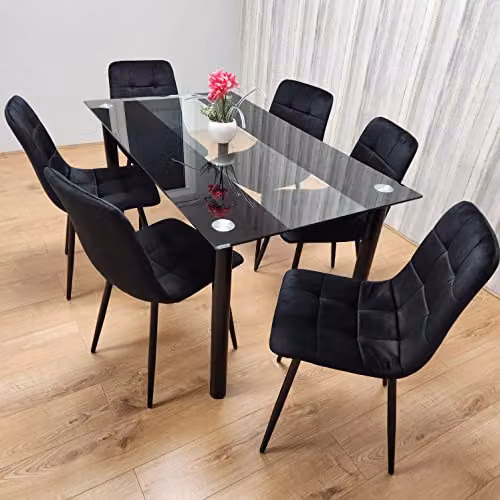 Kosy Koala Black and Transparent Glass Dining Set with 6 Black Tufted Velvet Chairs, W: 140 cm, D: 80 cm, H: 75 cm – 2