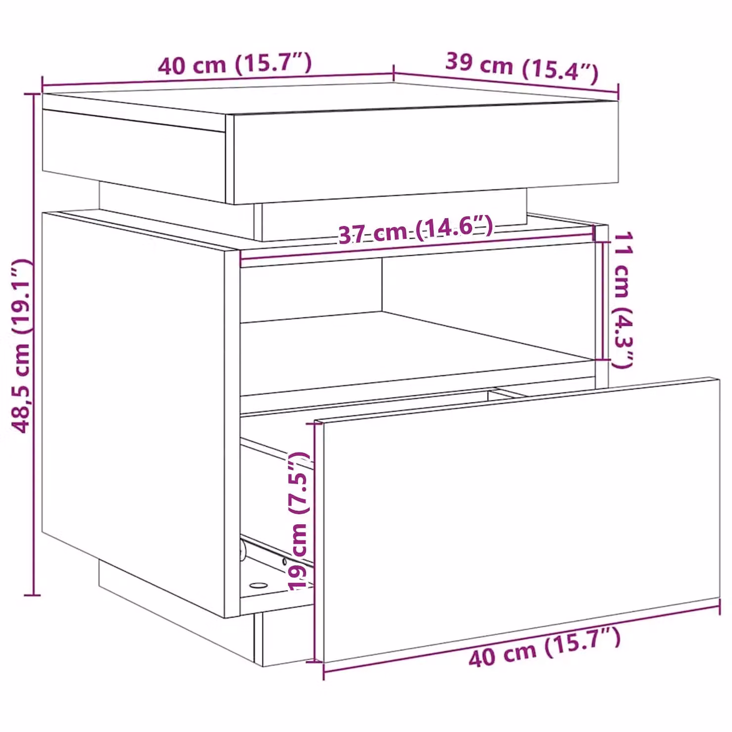 Berkfield Home Bedside Cabinet with Integrated LED Lights in Black Oak, W: 40 cm, D: 39 cm, H: 48.5 cm – 6