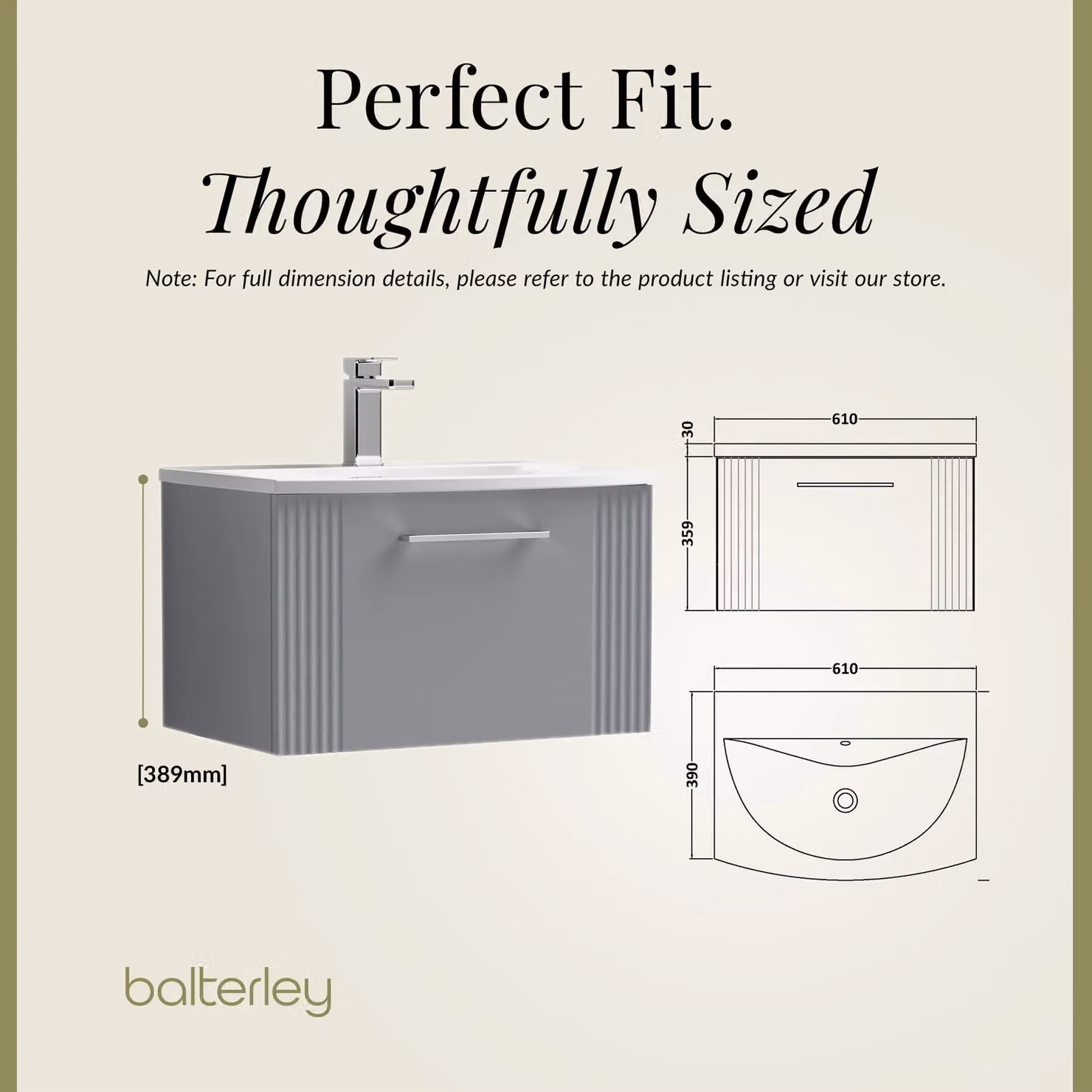 Balterley Wall Hung 1 Drawer Vanity Unit with Curved Basin, Satin Grey, W: 60 cm – 3