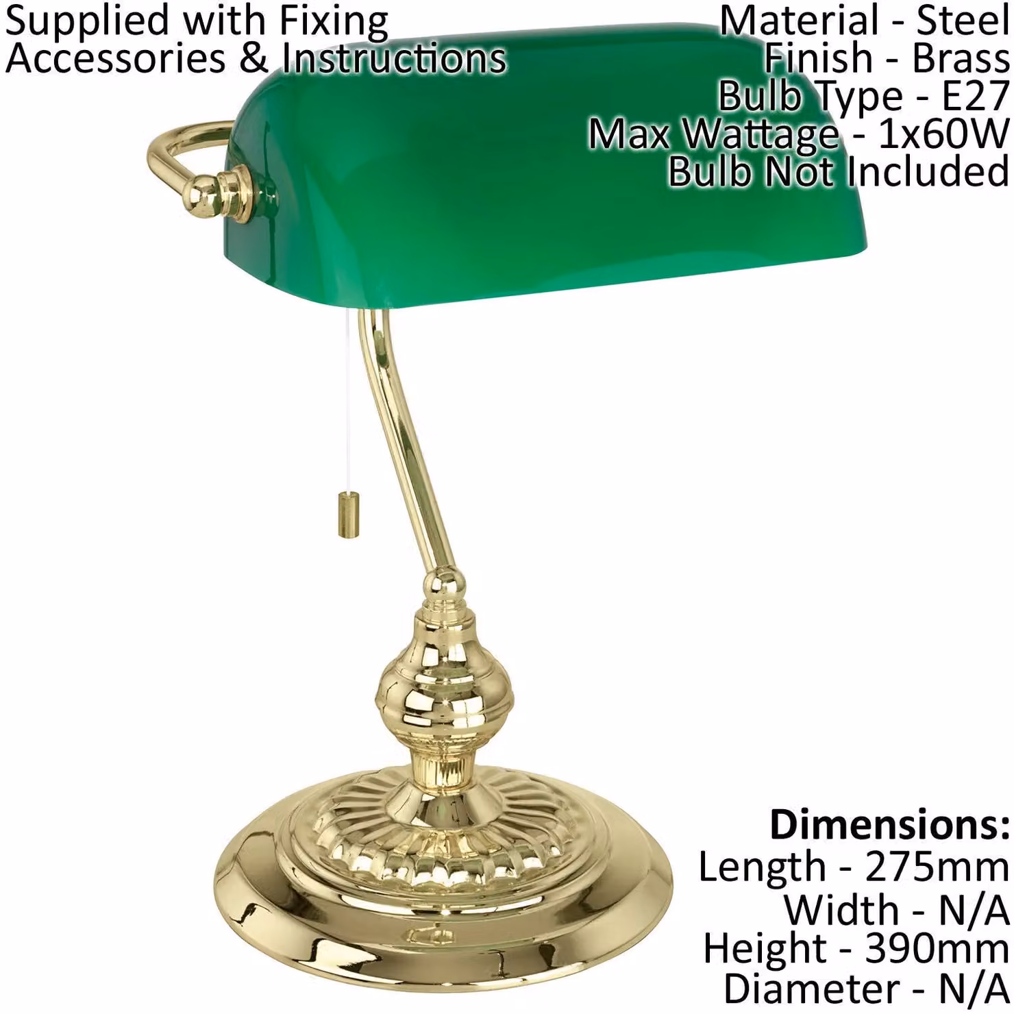 Loops 2 Pack Modern Table Lamps with Green Glass Dome Shades and Brass Finish, Pull Chain Switch, E27 Socket – 2