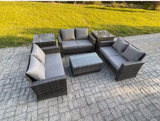Fimous 6-Seater Outdoor Rattan Sofa Set in Dark Grey with Tempered Glass Tables