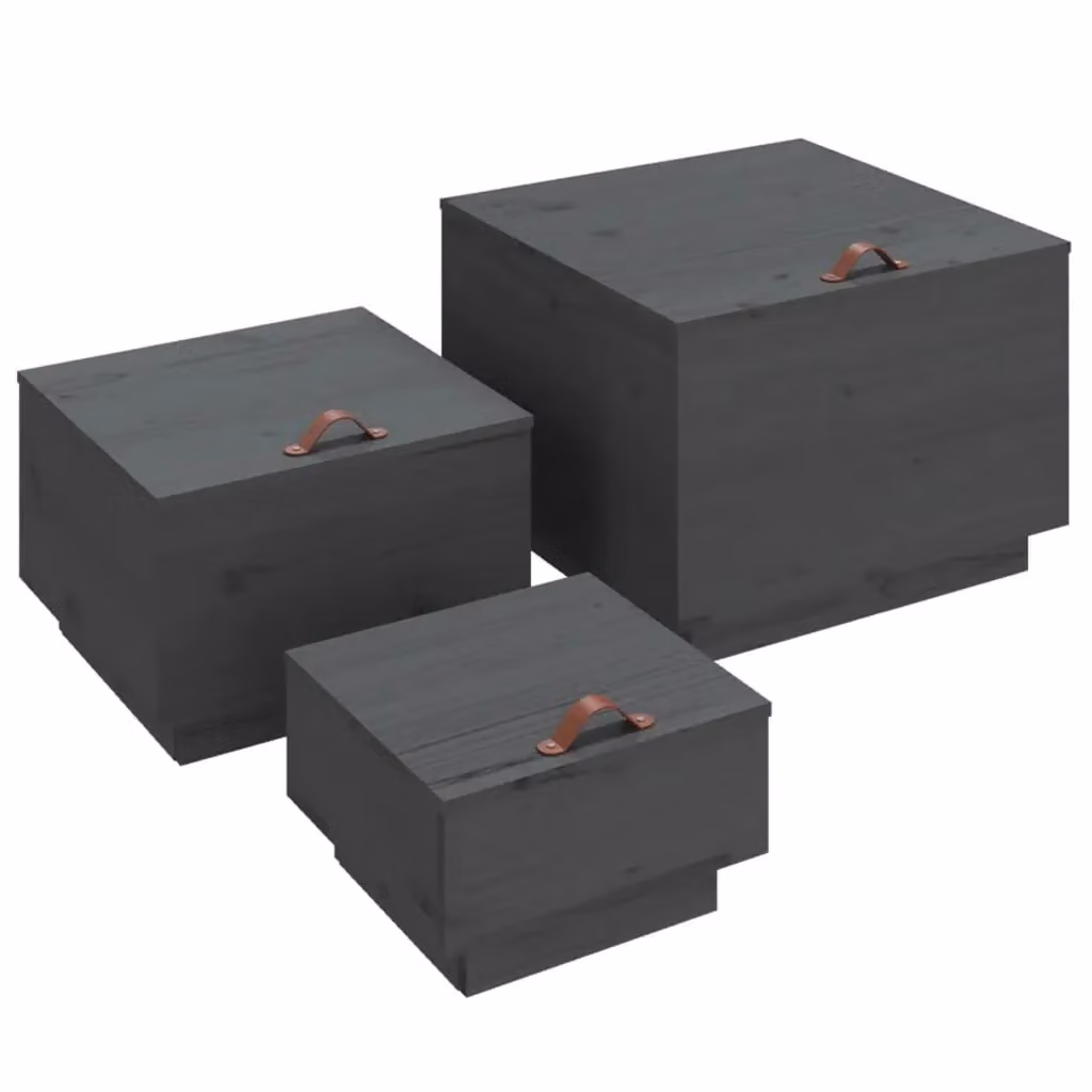 Berkfield Home Set of 3 Grey Solid Pine Wood Storage Boxes with Lids and Handles – 2