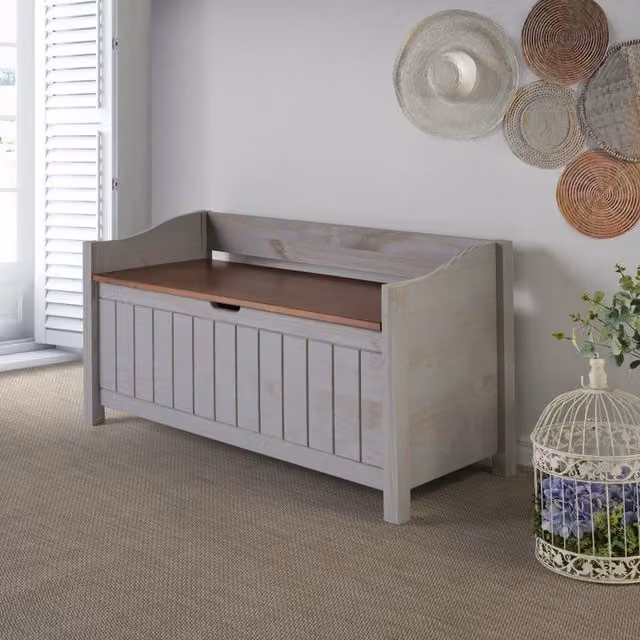 Mercers Furniture Cottage Black Storage Bench in Grey Pine Wood, W/D/H: 107 x 42 x 59 cm