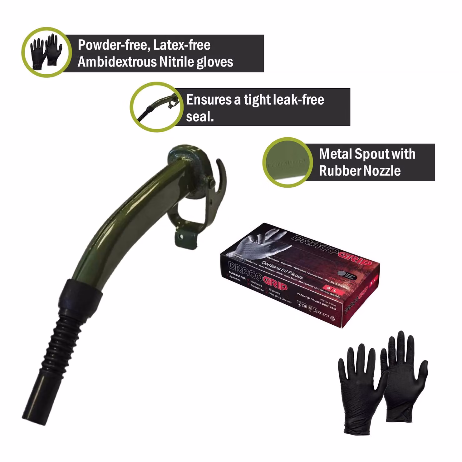 Pegdev Jerry Can Accessory Bundle with Metal Spout and Black Nitrile Gloves – 2