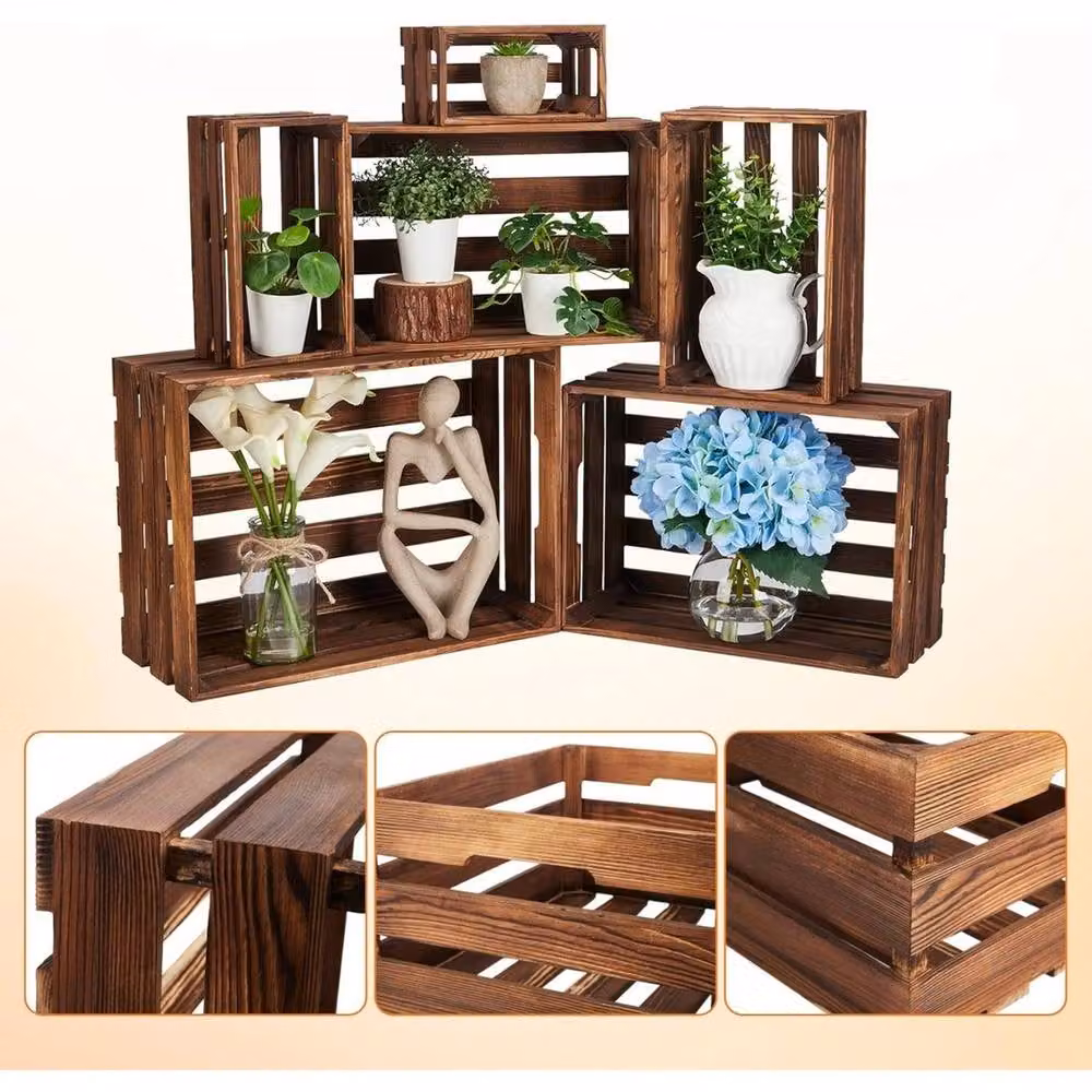 VOGREX 6 Piece Set of Slatted Natural Wood Storage Crates in Brown and Multicolour – 3