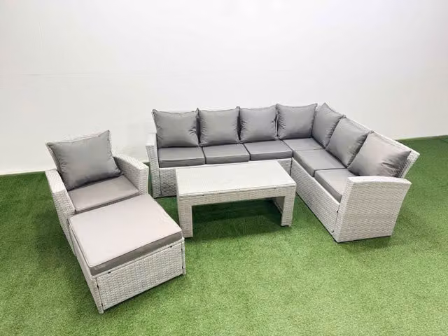 Fimous 8 Seater L-Shape Rattan Garden Furniture Set in Grey with Coffee Table and Ottomans