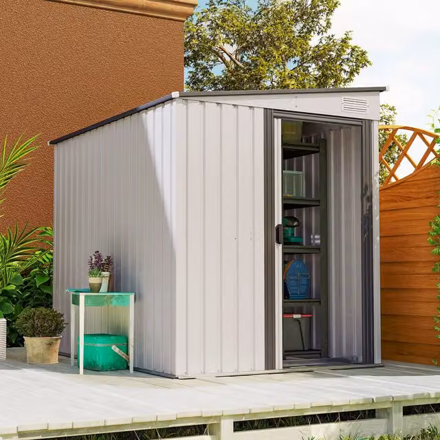 OUTSUNNY White Metal Lean-to Garden Tool Shed with Foundation, W/D/H: 213.36 x 152.4 x 181 cm