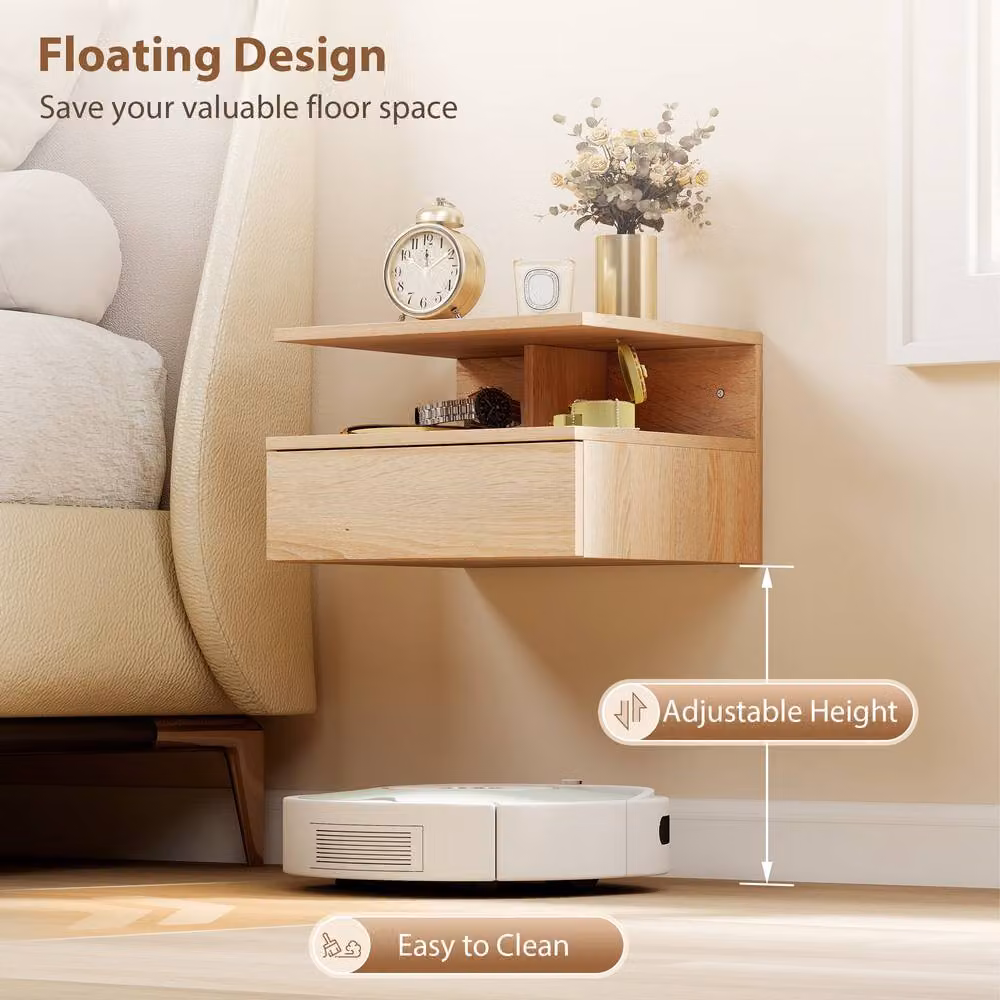 HOMCOM Set of 2 Modern Wall Mounted Nightstands in Light Brown – 3