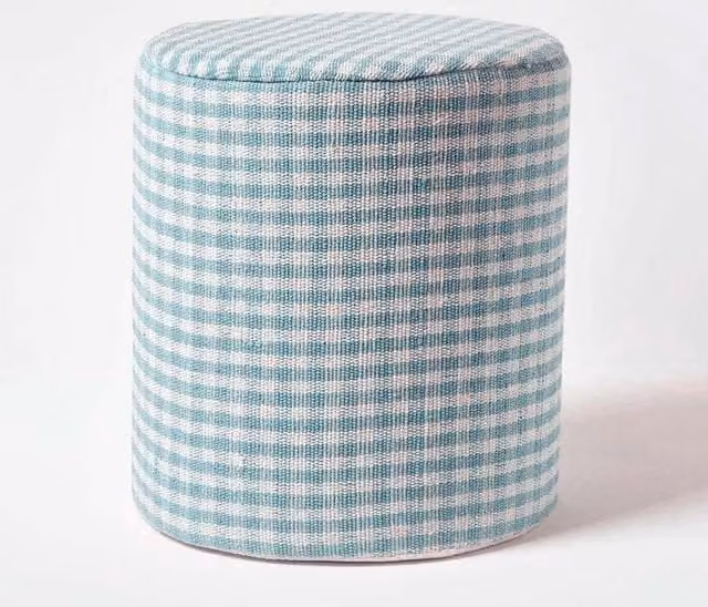 Homescapes Blue Gingham Check Cotton Round Cylindrical Pouffe