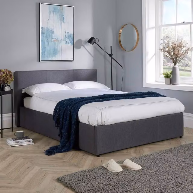 Home Source Single Ottoman Storage Bed Frame in Grey Hopsack Fabric with Gas Lift Base – 1