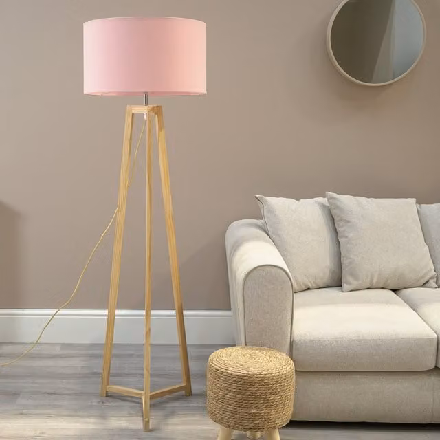 Lottie Natural Wood Floor Lamp with Pink Fabric Drum Shade