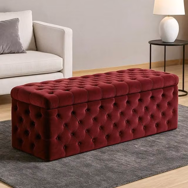R&M Furnishers Chesterfield Wide Lux Ottoman Storage Box in Red Plush Velvet
