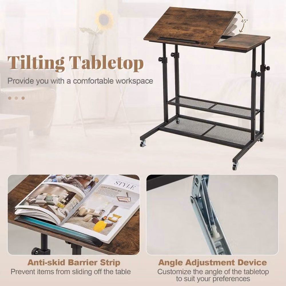 FORGEVIO Height Adjustable Mobile Sit Stand Desk with Tilting Top and Castors, Brown – 3