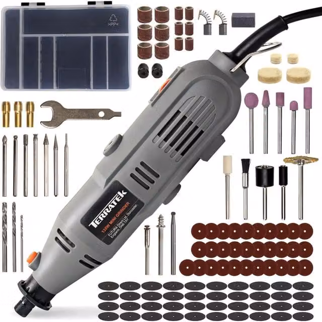 Terratek 135W Variable Speed Rotary Tool Kit with 120pc Accessory Set in Grey