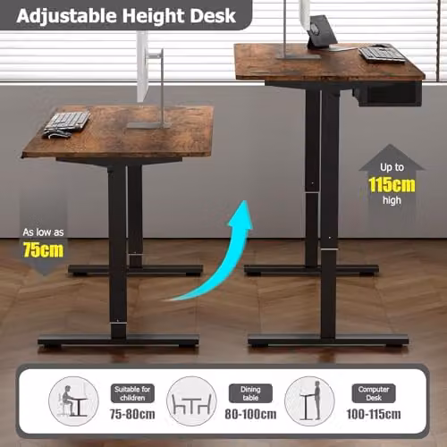 MCC Direct Easton Electric Height Adjustable Standing Desk with Drawer, Black, W: 160 cm, D: 70 cm, H: 115 cm – 6