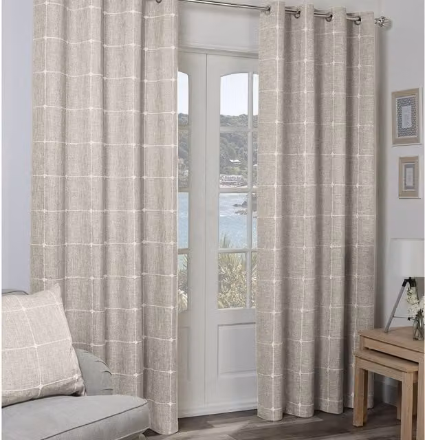 Divante Linen Checked Fabric Panel Curtains with Eyelets in Beige, Height: 228 cm