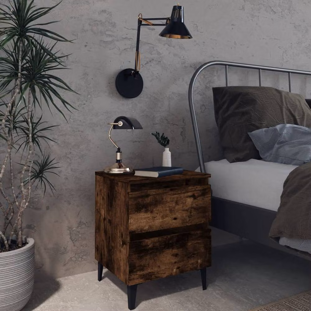 Berkfield Home Set of 2 Bedside Cabinets in Smoked Oak and Brown with Metal Legs, W: 40 cm, D: 35 cm, H: 50 cm – 2